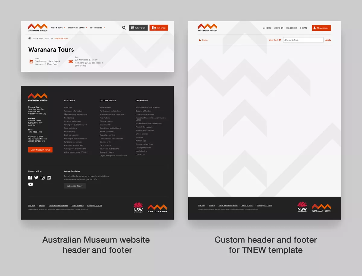 Screenshots of the custom TNEW Header and Footer for the Australian Museum