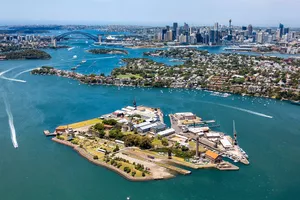 Aerial shot of Cockatoo Island in Sydney Harbour