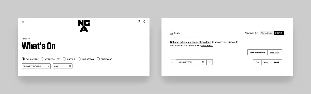 Side-by-side screenshots of NGA website and TNEW user interface elements