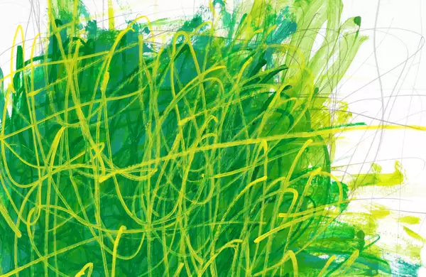 Artwork by Michael Beard showing lies on a white background, which are different shades of green and yellow