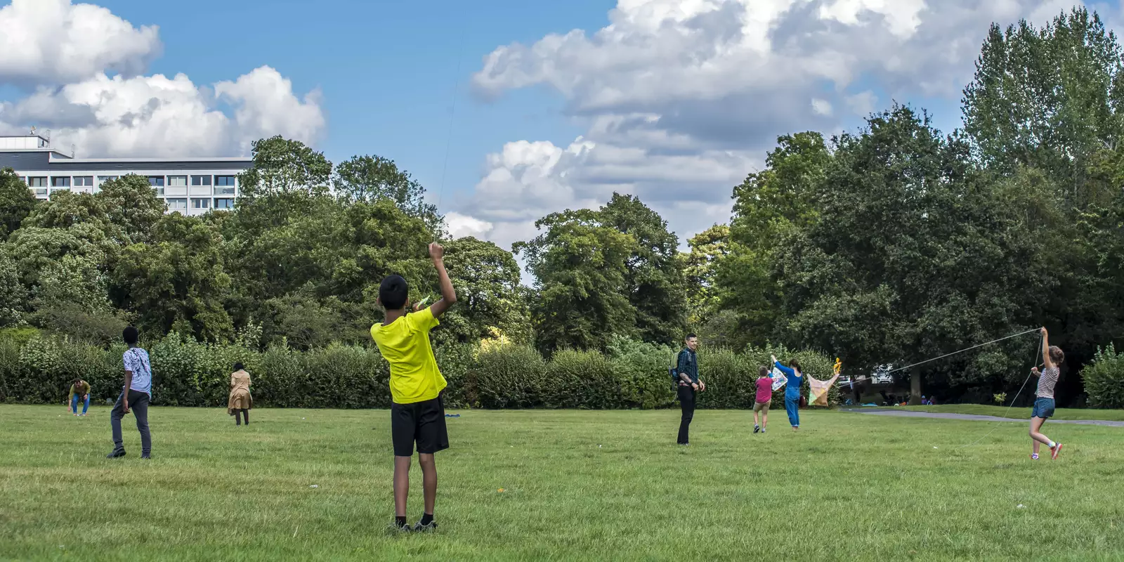 A boy in a green t-shirt with his back to the camera flies a kite in a park. The sky is blue with some clouds and in the background other people are looking up at the kite.