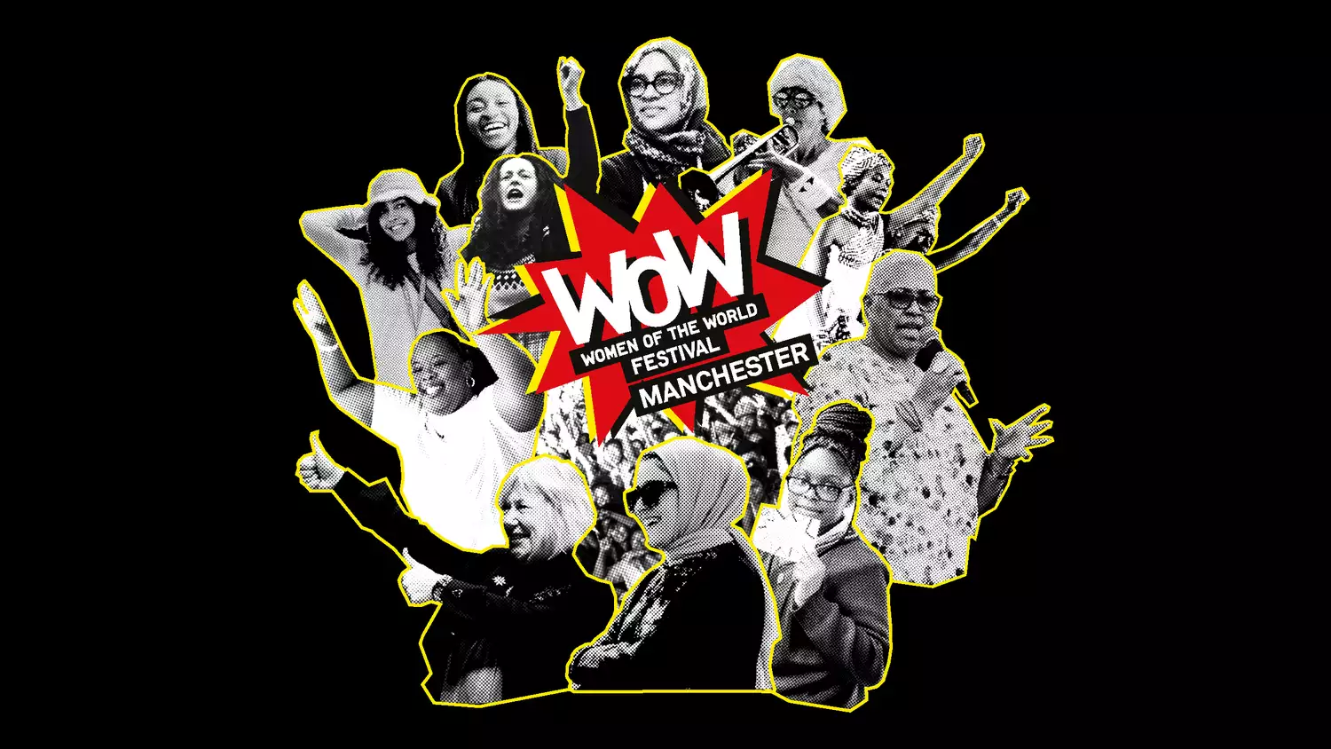 Collage of speakers at WOW festival with 'WOW - Women of the World Manchester' logo in the middle