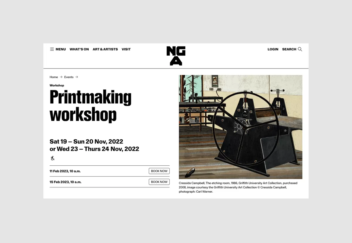 NGA Event page detail showing ticketing information from Tessitura