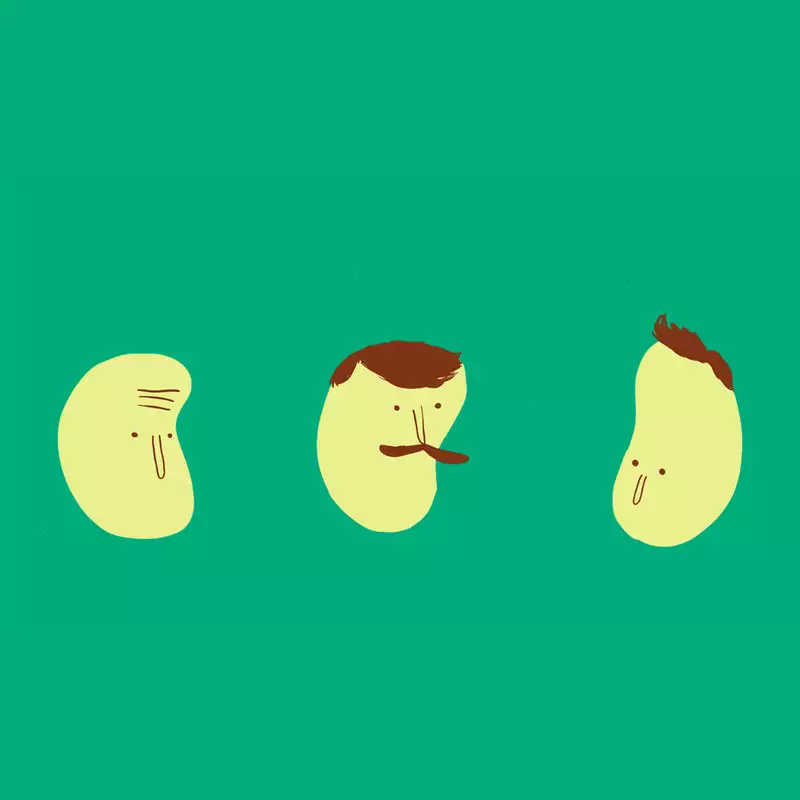 Three cartoon beans with faces and hair on a green background.