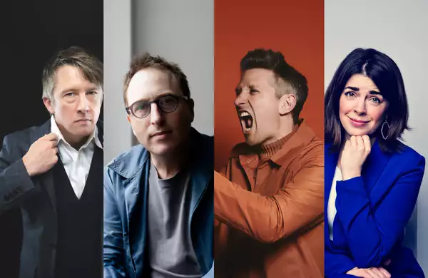 Comedians  Jon Ronson, Rosie Holt, Stuart Goldsmith and Jonathan Pie