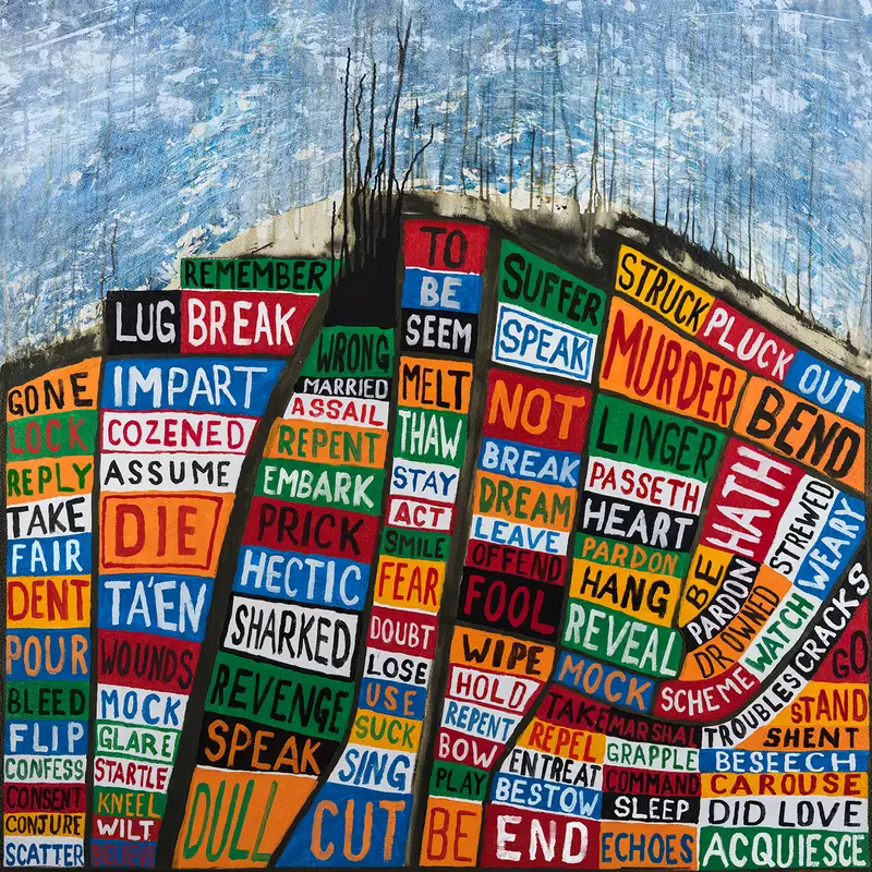 The cover of Radiohead’s Hail to the Thief – which is a collage of colourful text blocks stacked on top of each other. The text has been replaced by words from Hamlet.