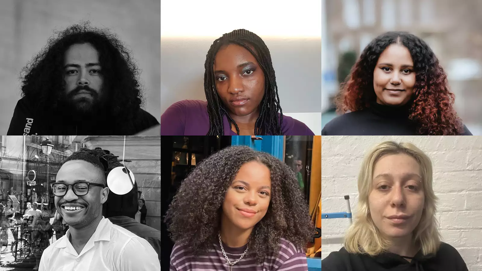 Composite image of the Young Curators 2024 cohort. Top row (L–R): Jack Clarke, Anita Ezeh, Fauziya Johnson. Bottom row (L–R): Otega Ajuchi, Rachel Morgan, Madison Marcantonatos.