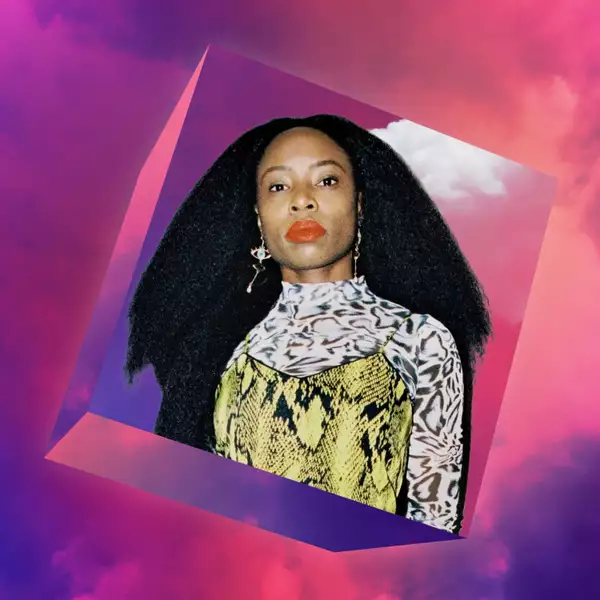 The artist Jenn Nkiru against a pastel purple cloud background
