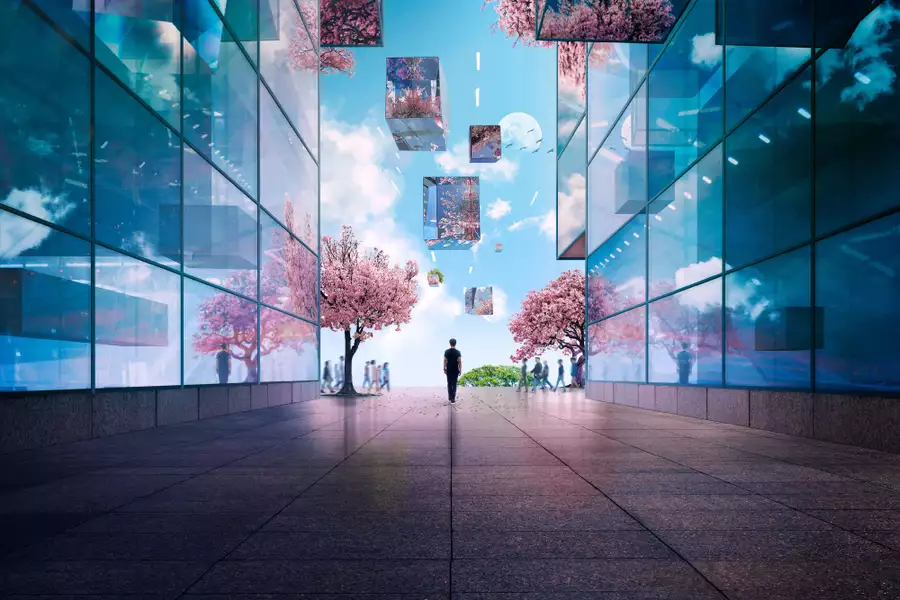 A futuristic cityscape with cherry blossom trees and people walking in the backgroud