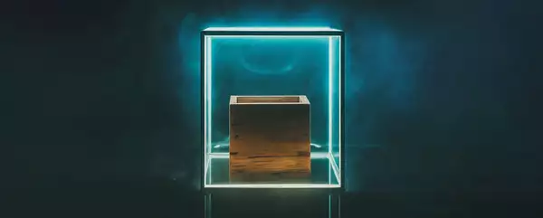 A wooden cube inside a glass and metal cube