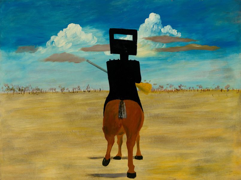 Painting of the back of a man with helmet's silhouette riding a horse across flat earth with a blue sky above