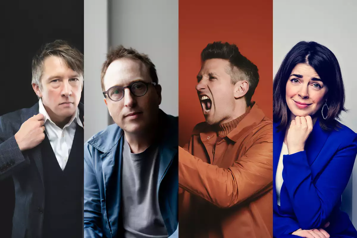 Comedians  Jon Ronson, Rosie Holt, Stuart Goldsmith and Jonathan Pie