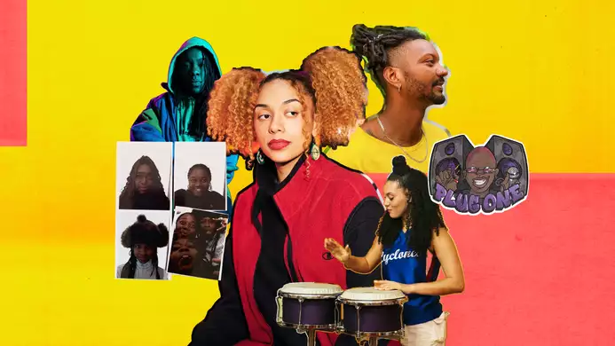 Collage of performers on a red and yellow background – plus a logo that reads 'Plug One'