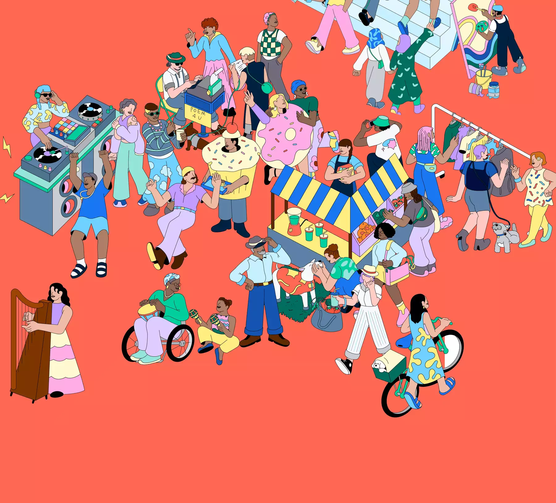 An illustrated image of people at a marketplace, playing music and dancing