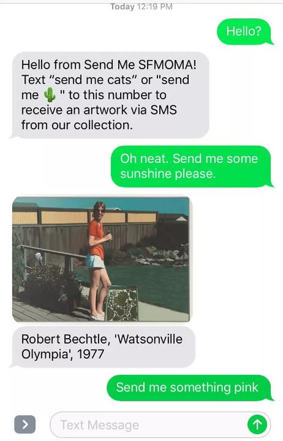 Screenshot of a text message interaction between a visitor and the Send Me SFMOMA service
