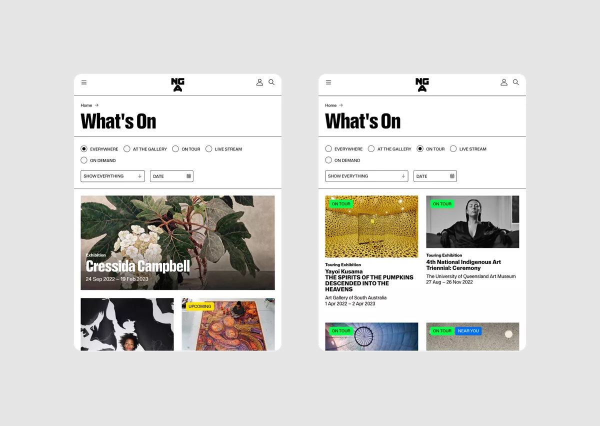 Tablet views of the NGA What's On page