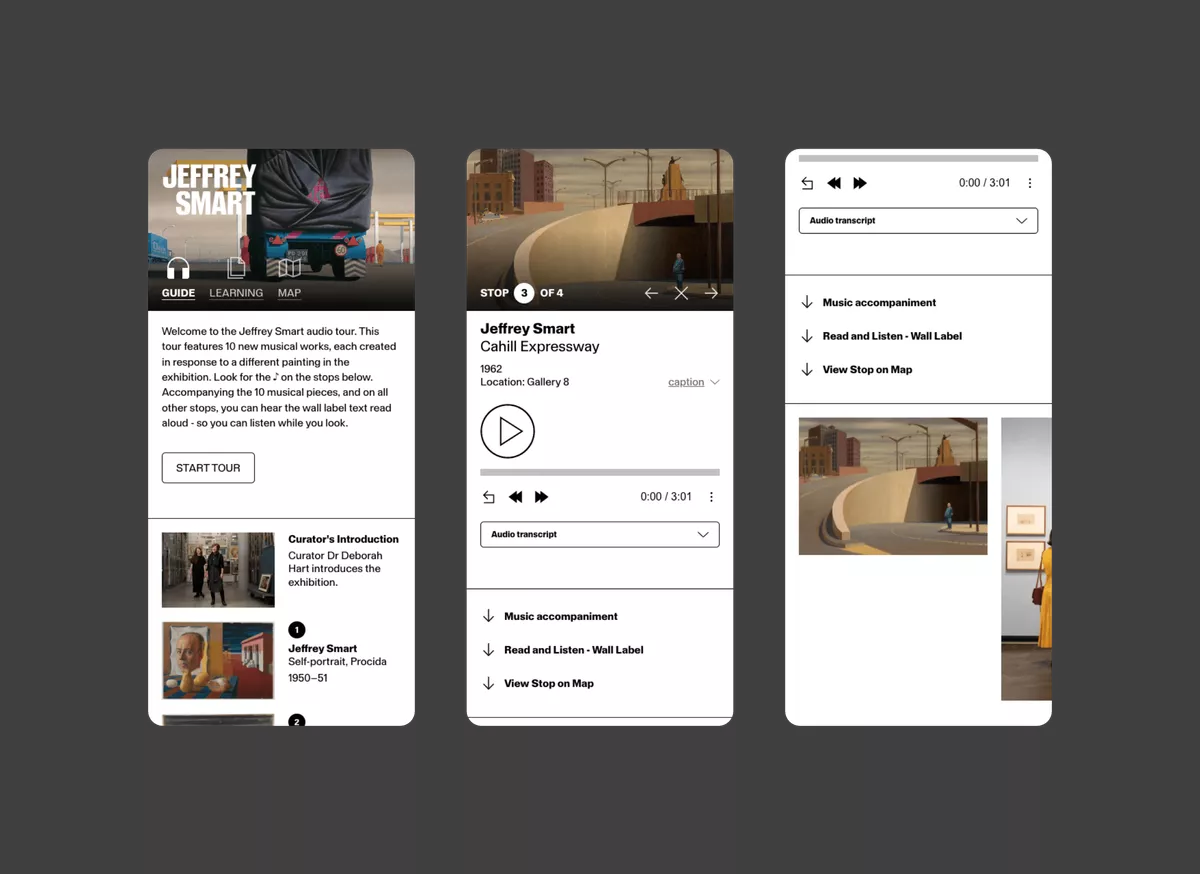 Mobile screenshots of the NGA WebApp Audio Guide