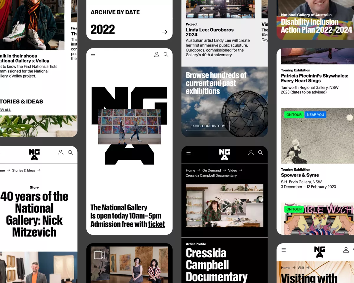 Composite image of various pages from the NGA website in mobile view