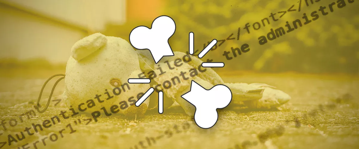 Photo of a torn teddy bear with a snippet of error code and an icon of a broken bone overlaid on top.