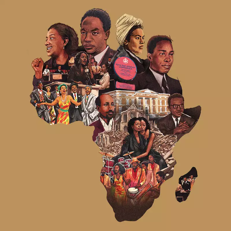 An artistic collage in the shape of Africa features key figures, cultural icons, and historical moments from the continent's liberation movements. The illustration is on a warm brown background.