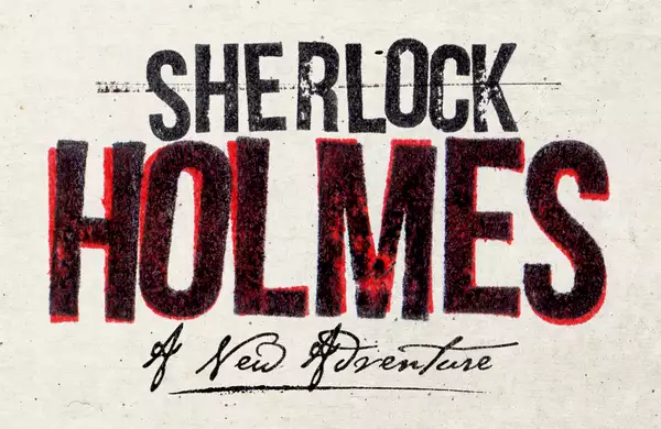 The image features text that reads "Sherlock Holmes: A New Adventure." The words "Sherlock" are in a simple, black font, while "Holmes" is bold and textured in red and black, with a distressed effect. Below "Holmes" is a stylised handwritten script that says "A New Adventure." The background is a plain, light beige colour.