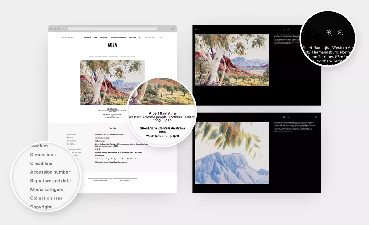 Screenshots of a Work of Art Detail page from the AGSA Online Collection