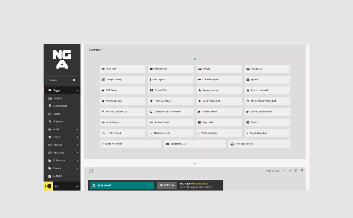 Screenshot of the CMS user interface showing the component library