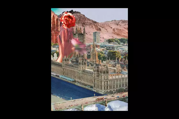 A collage landscape comprised of vintage photos. At the bottom, Westminster Bridge crosses a deep blue Thames, with mountain caps resembling waves under the bridge. On the other side of the river is the Houses of Parliament, with more modern buildings and trees behind it, with desert mountains and a large aqueduct further in the distance. Coming out of one Houses of Parliament squares is a large waving hand holding two flowers. In the top left-hand corner are the letters: ي م ت ن ت
