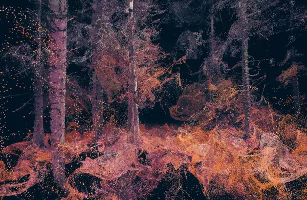 An orange and red visualisation of a forest