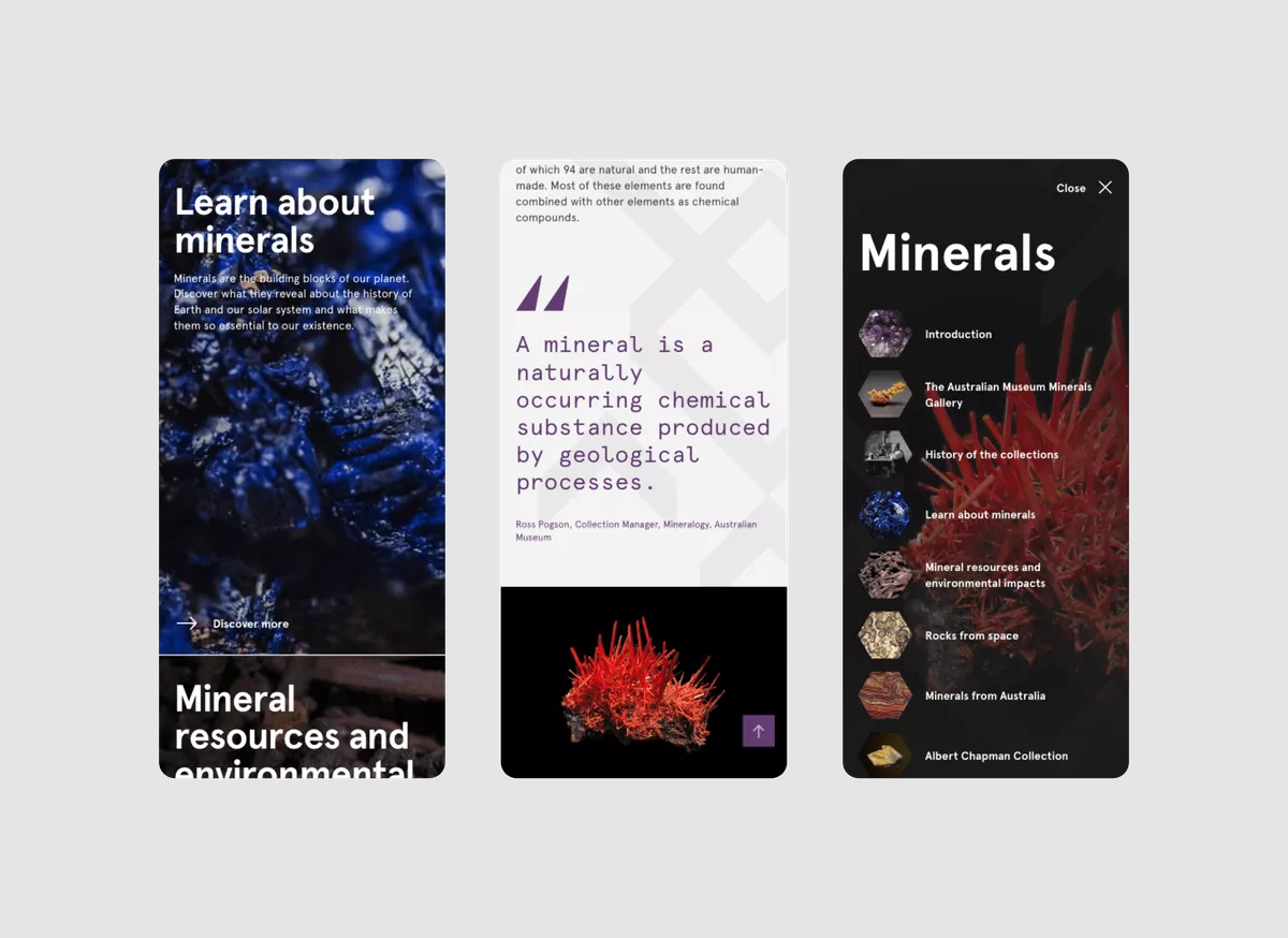 Overview of the Australian Museum Minerals Gallery Digital Publication - Mobile version