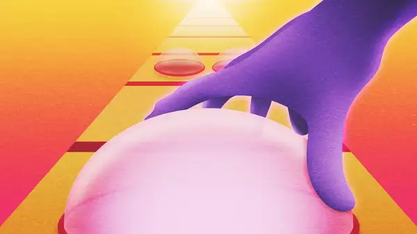 Illustration of a purple hand pressing a button on a conveyer belt – on a yellow and pink gradient background