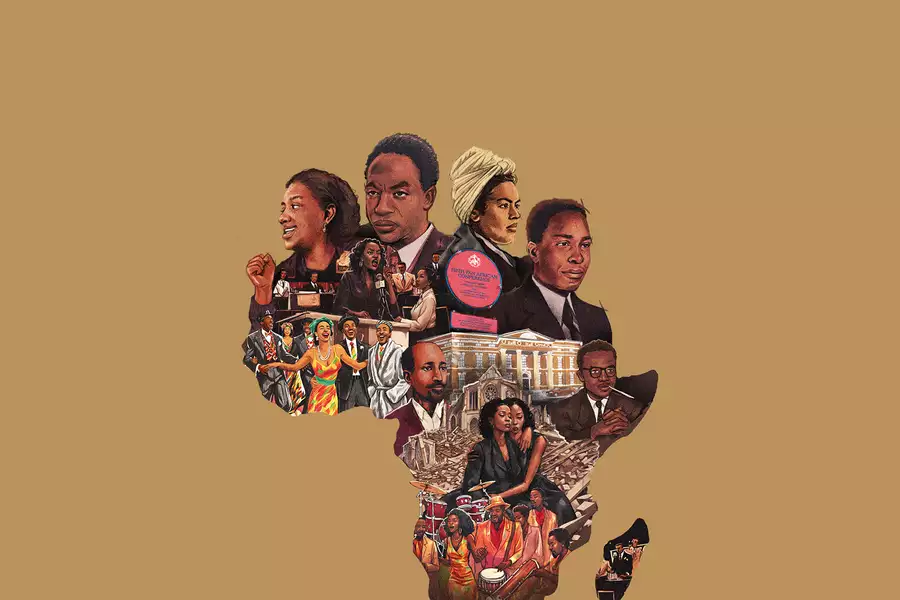 An artistic collage in the shape of Africa features key figures, cultural icons, and historical moments from the continent's liberation movements. The illustration is on a warm brown background.
