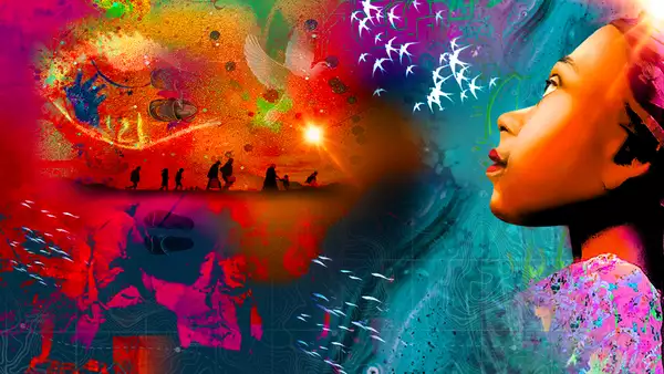 Illustration of Little Amal gazing at collage of maps, birds, footsteps and a silhouette of a family walking along a landscape