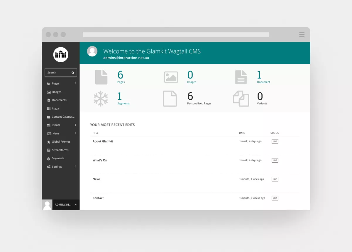 Screenshot of the new Glamkit dashboard