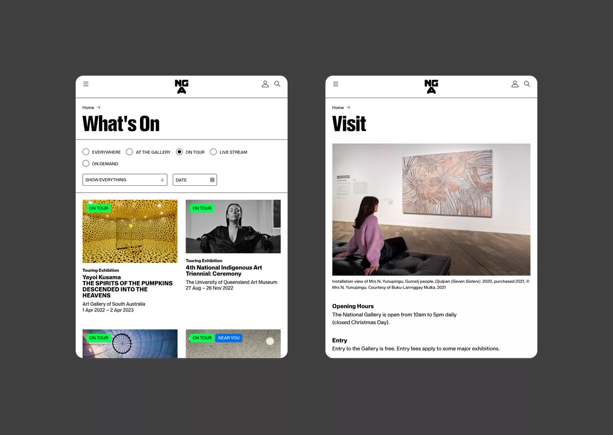 Tablet view of NGA website pages