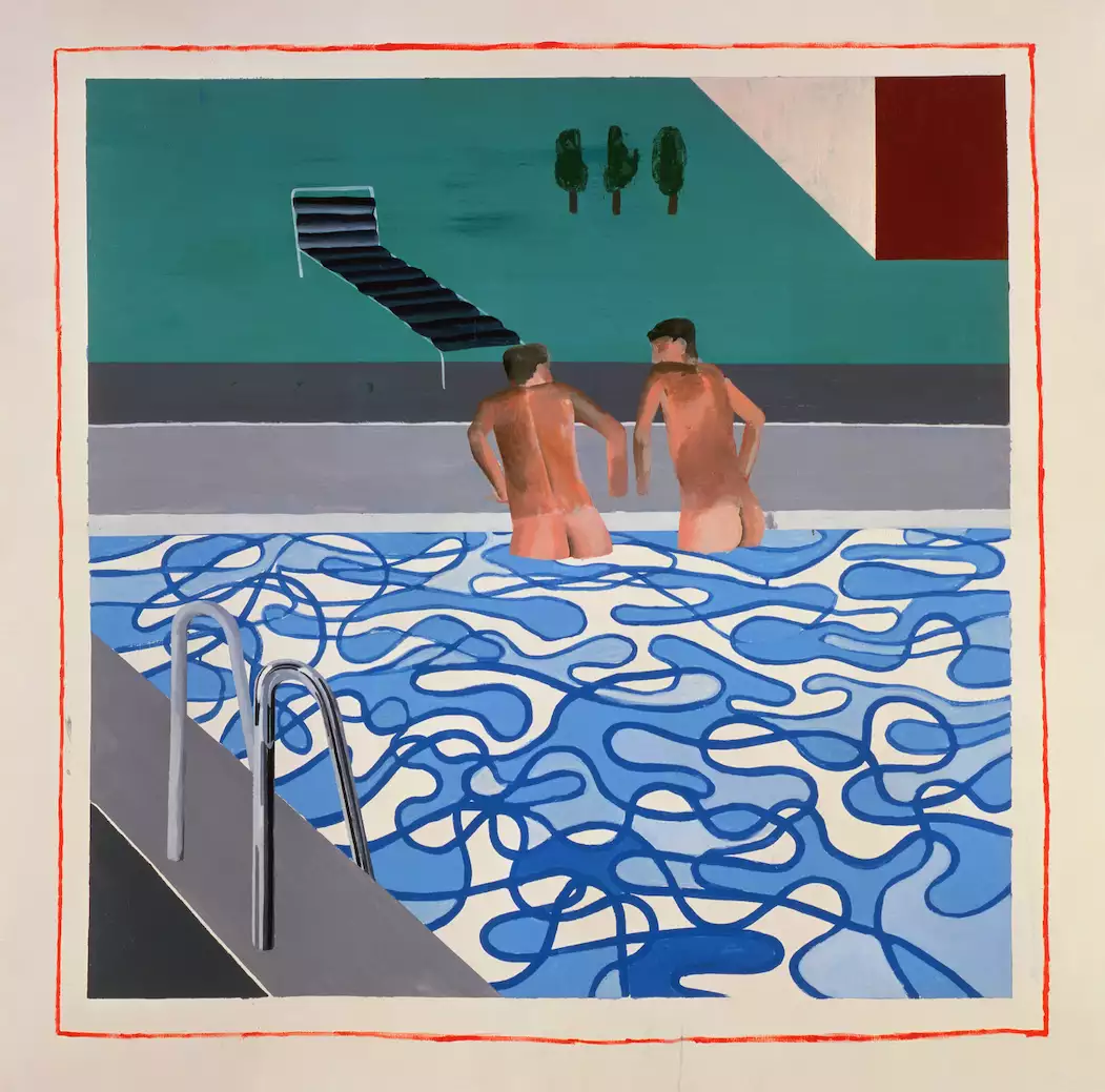 David Hockney's 'Two Boys in a Pool, Hollywood, 1965' – showing two boys in a pool, a sun lounger and three small trees in the background