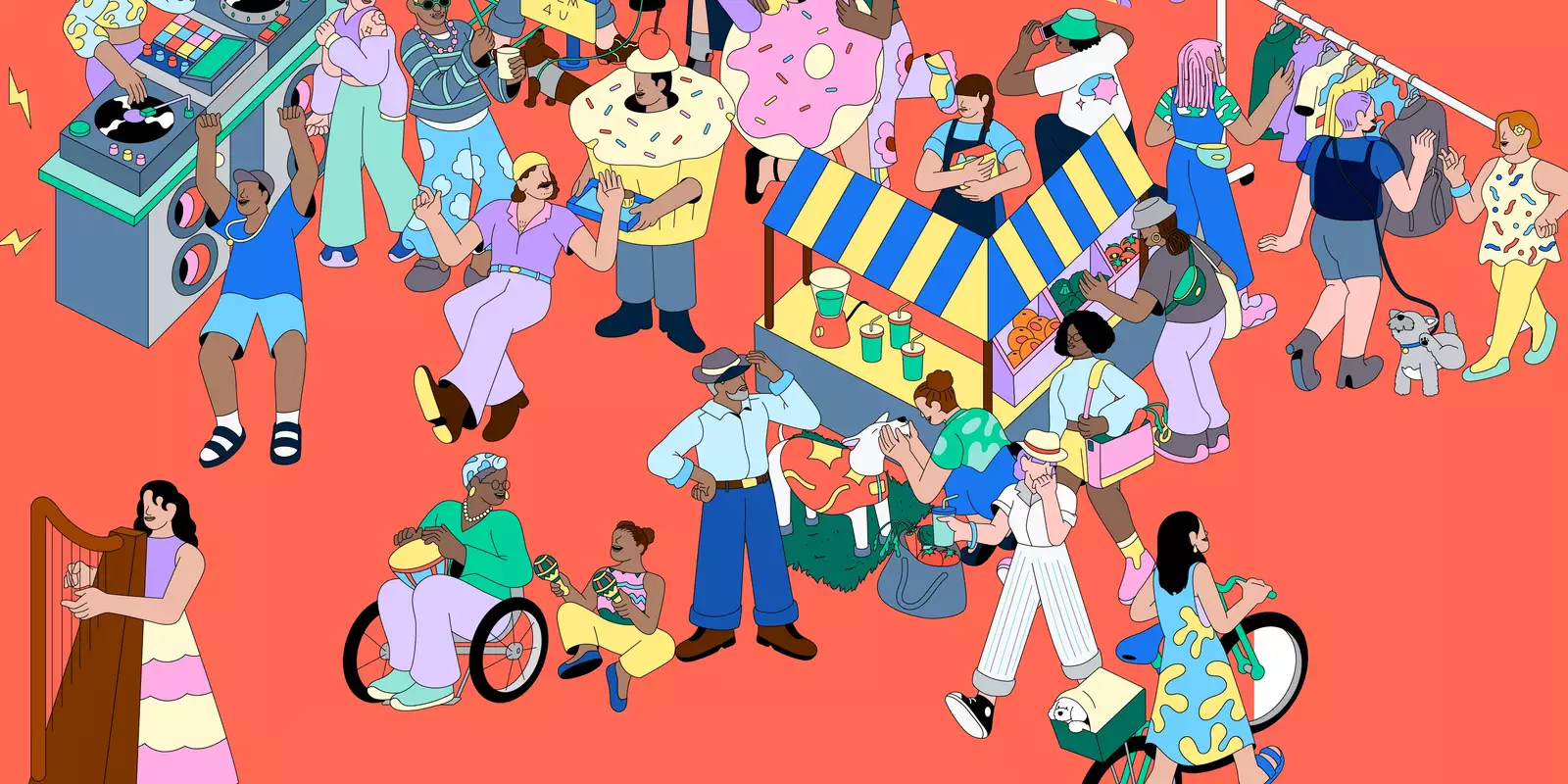 An illustrated image of people at a marketplace, playing music and dancing