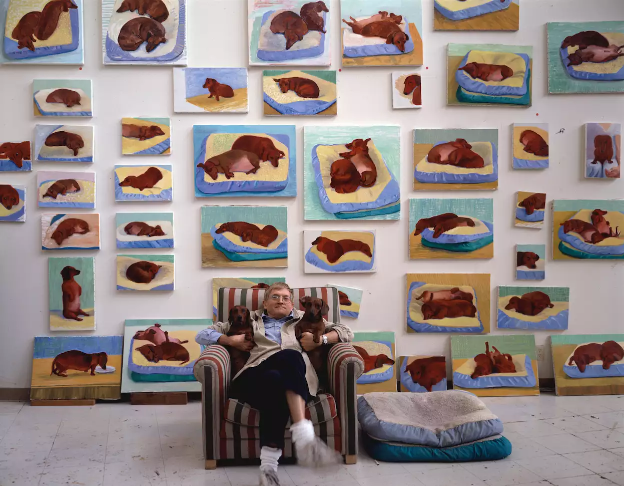 David Hockney sat on a striped arm chair with his two dogs. The wall behind him is filled with his paintings of the dogs.