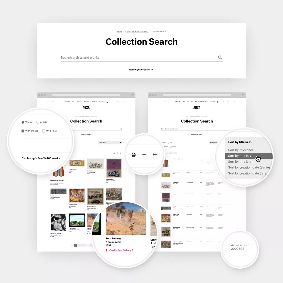 Screenshots of the AGSA Collection search highlighting the view options available