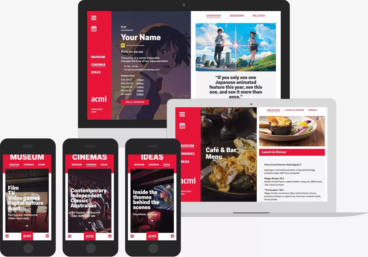 Screenshots of the Australian Centre for the Moving Image website: Cinema page on desktop view, landing page on laptop, homepage on mobile.