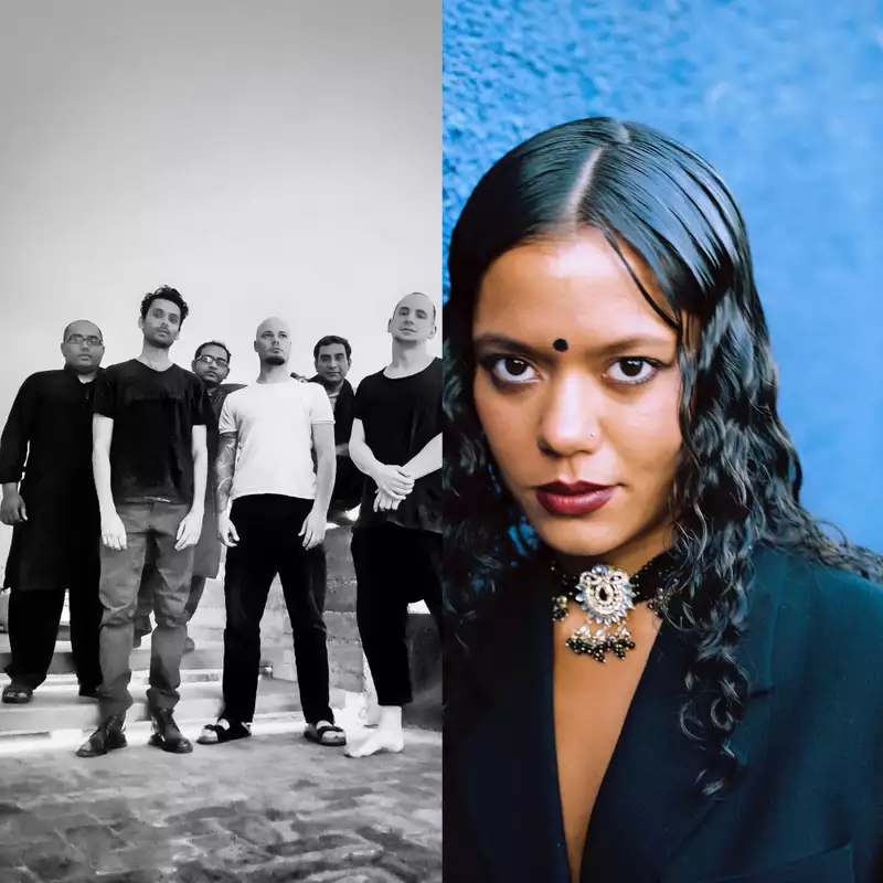 Black and white photo of six members of Jaubi next to photo of Tara Lily on a blue background