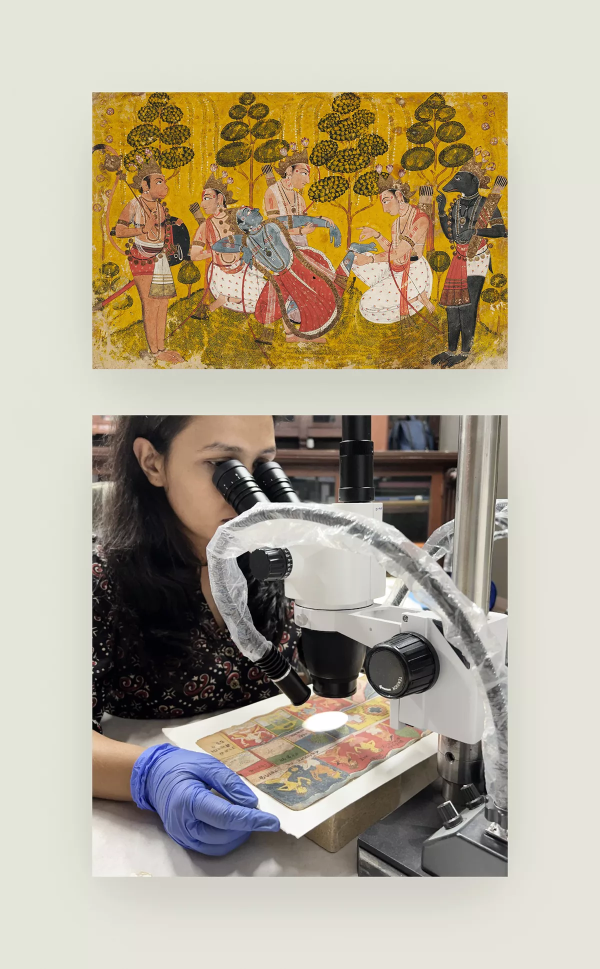 A composite of two seperate images. Top: A colourful Indian work of art featuring a group of men and women in traditional attire. Bottom: A woman examines an old work of art under a microscope in a laboratory setting