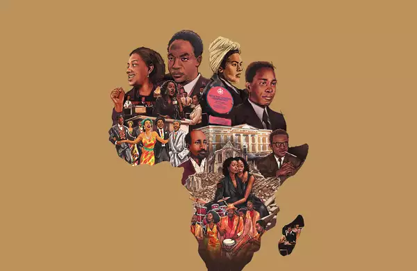 An artistic collage in the shape of Africa features key figures, cultural icons, and historical moments from the continent's liberation movements. The illustration is on a warm brown background.