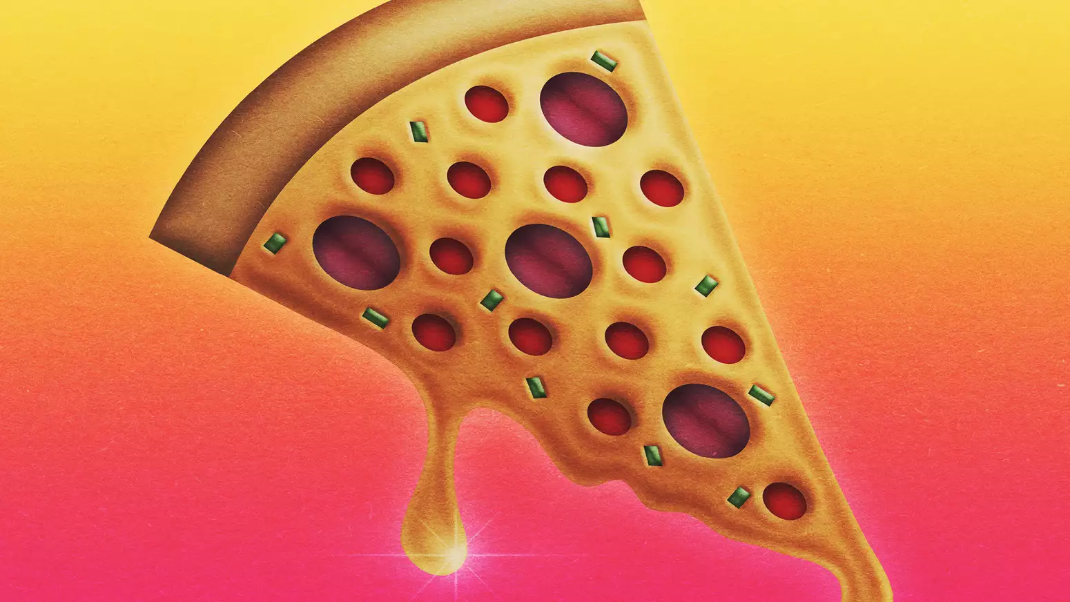 Illustration of a pizza with cheese dripping off it – on a yellow and pink gradient background