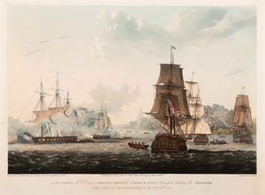 Image of HMS Larne attacking the Stockade at the entrance of the Bassein River