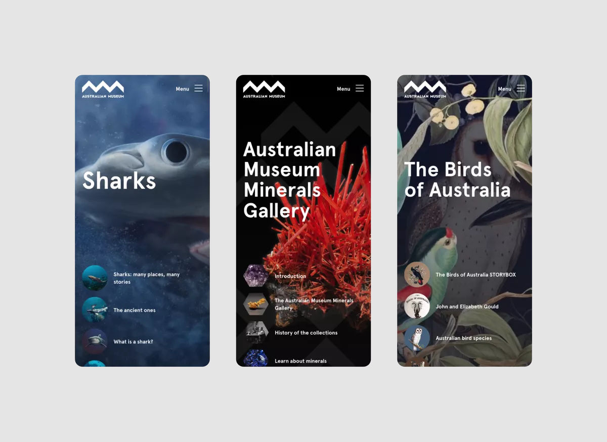 Screenshots of the Australian Museum Digital Publication landing page - mobile version for Sharks, Minerals Gallery and Birds of Australia