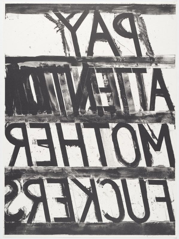 Black and white print of backwards text reading "pay attention Motherfuckers"