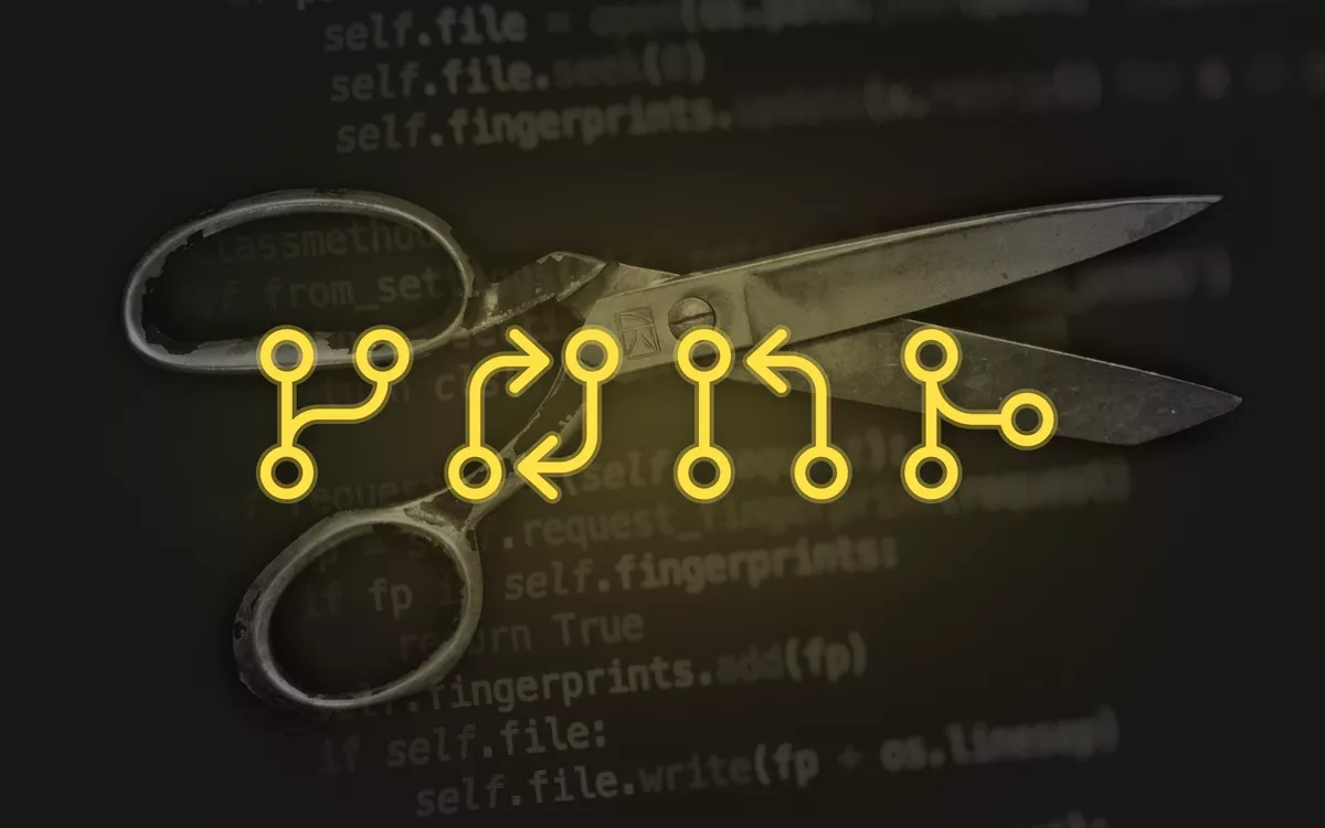 Icons of Git-related actions overlayed on top of a pair of old weathered scissors with very faint python code in the background