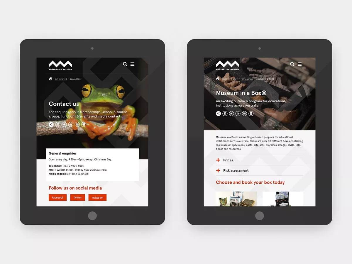 iPad screenshots of the Australian Museum Website