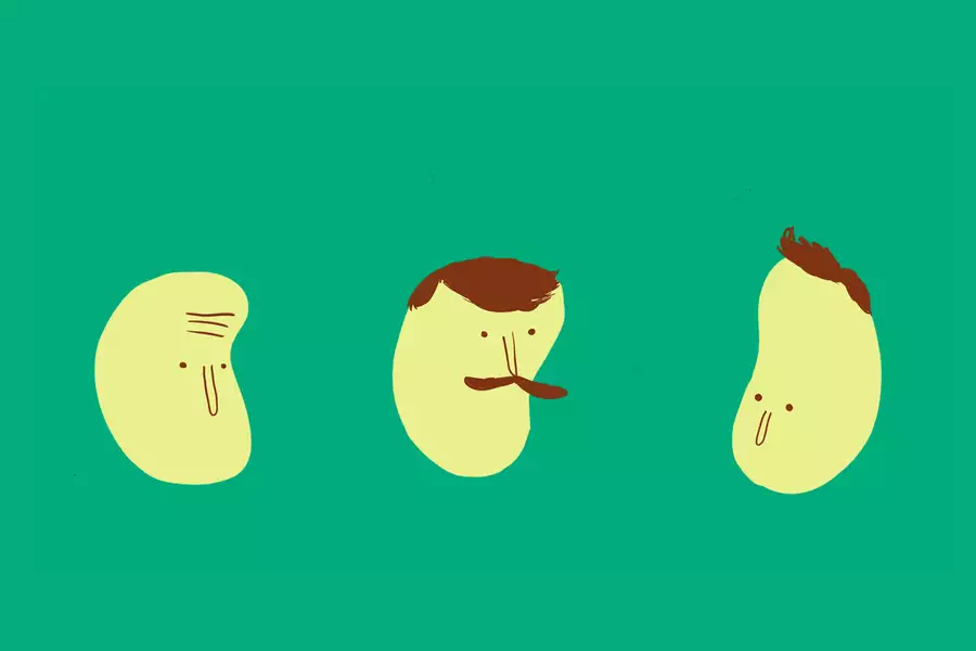 Three cartoon beans with faces and hair on a green background.